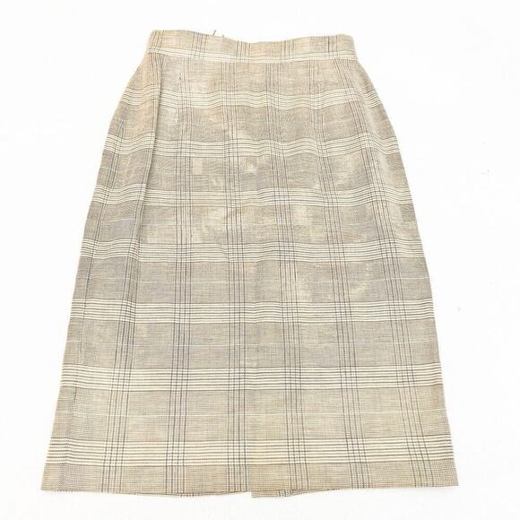 Laurel Patterned Plaid Straight Linen Pencil Skirt Cream Brown Size 40 - Picture 1 of 7